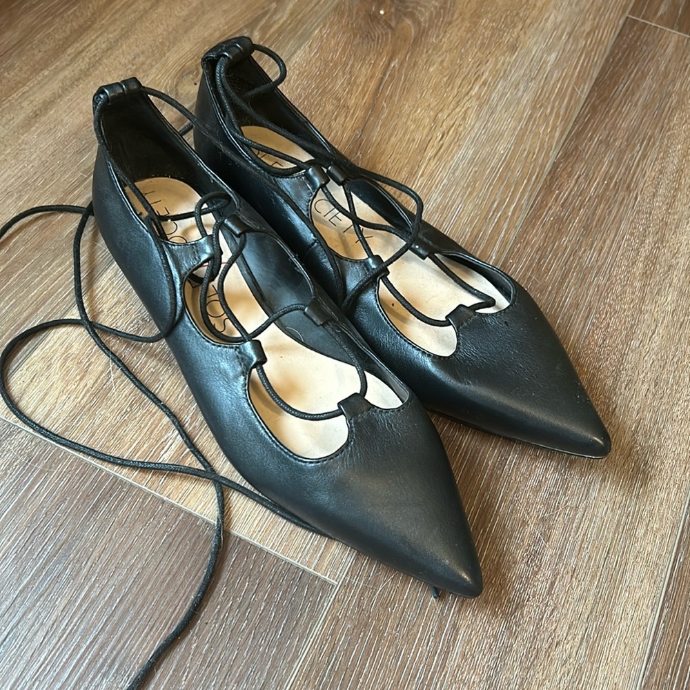 Lace-Up Pointed Toe Black Flats